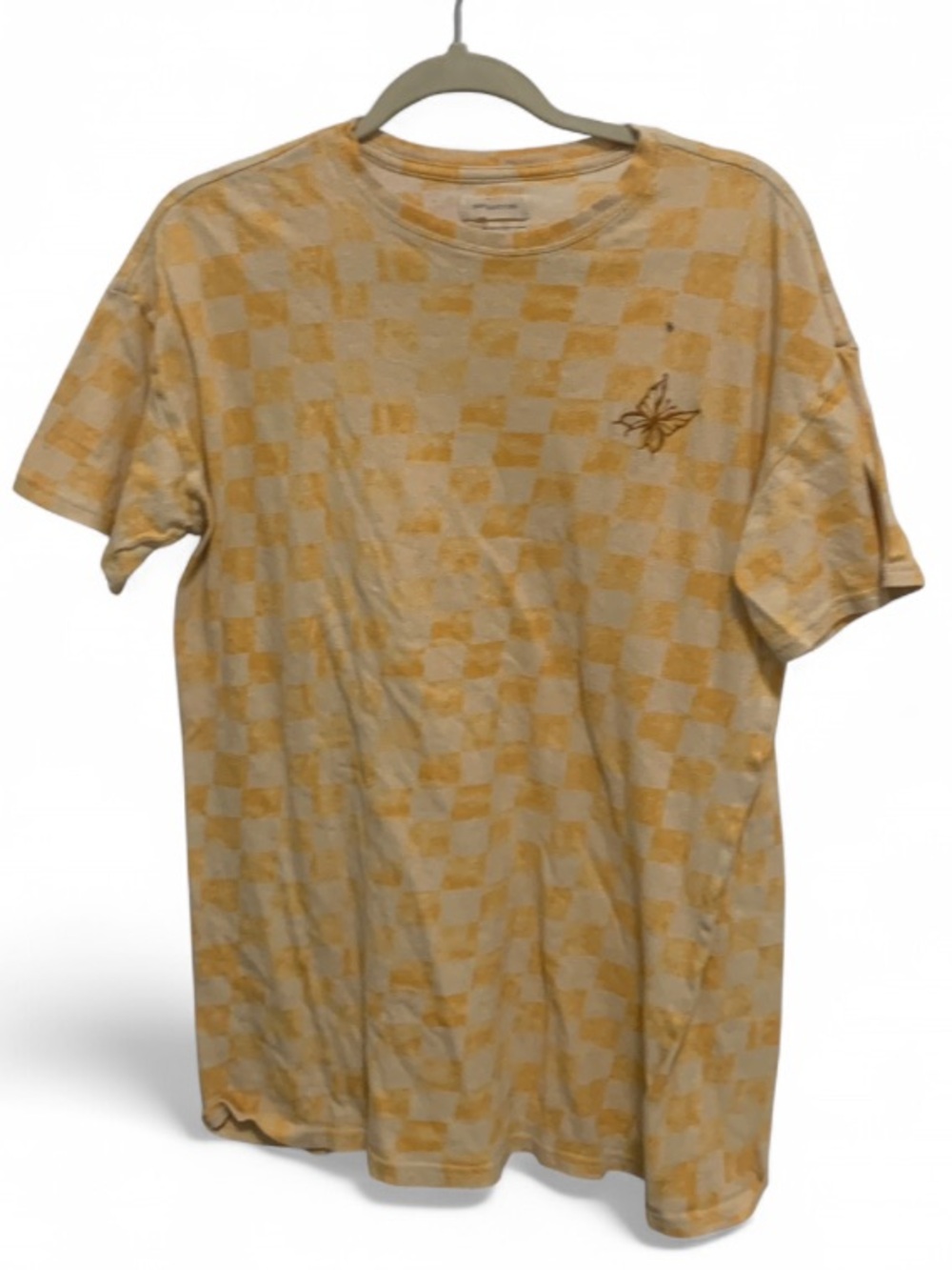 Urban Outfitters Yellow Checker Butterfly Embroidery Oversized Short-Sleeve Tee